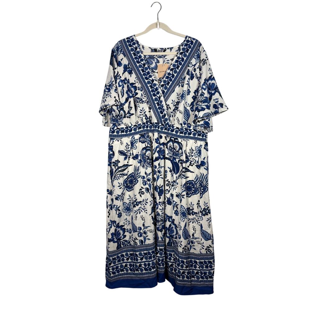 BloomChic Blue White Floral Midi Dress Surplice V Neck Flutter Sleeve Plus 22 24